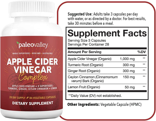 Paleovalley Apple Cider Vinegar Complex - Superfoods Turmeric, Ginger, Ceylon Cinnamon, 84 Vegetable Capsules