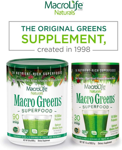 Macro Greens Powder - MacroLife Naturals, 38 Superfood Probiotic Antioxidant Supplement, 10oz (30 Servings)