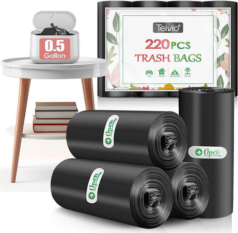 Teivio 0.5 Gallon Mini Strong Trash Bags, 220 Counts, Small Plastic Bags for Desktop Trash Bin, Black