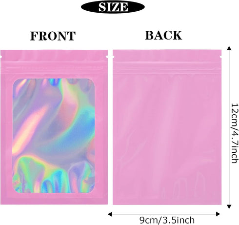 100 Pack Smell Proof Bags- Resealable Mylar Holographic Packaging Pouch Bag with Clear Window for Food Storage Eyelash Jewelry Electronics Storage (Pink, 3.5 x 4.7 Inch) by NKLEI