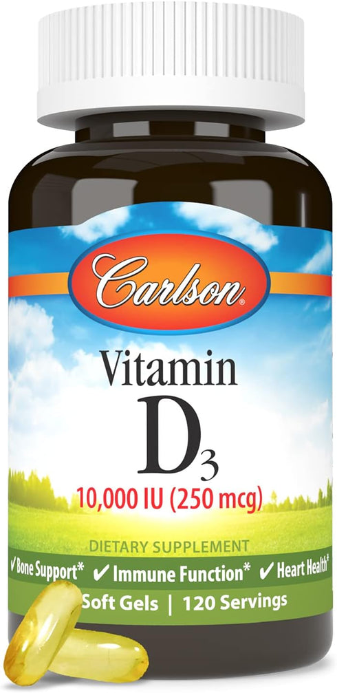 Carlson Vitamin D3 10000 IU (250 mcg) Softgels, 120 Softgels for Bone & Immune Support, Gluten Free