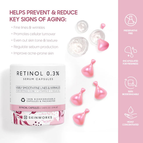 Retinol Anti Aging Night Serum with Hyaluronic Acid - Dark Spots & Post-Acne Scars Treatment, 30 Capsules, Unscented