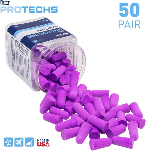 Flents Protechs Foam Ear Plugs, 50 Pair, NRR 33, Noise Cancelling, Purple, Made in the USA