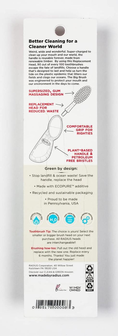 RADIUS Big Brush Toothbrush - Right Hand, Soft Coral Sparkle, Replaceable Head, BPA Free, ADA Accepted for Gum Health