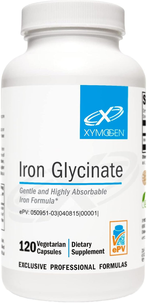XYMOGEN Iron Glycinate, 120 Iron Capsules, Gentle & Highly Absorbable Iron Supplement for Women & Men, 29mg Patented