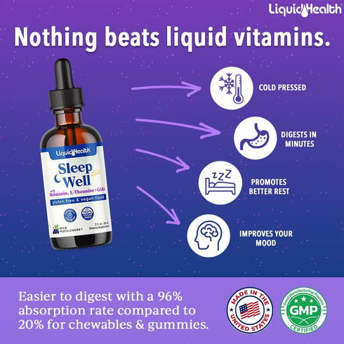 LIQUIDHEALTH Sleep Well Natural Sleep Aid Melatonin Drops, 2 oz, Vegan, Sugar-Free, Drug Free