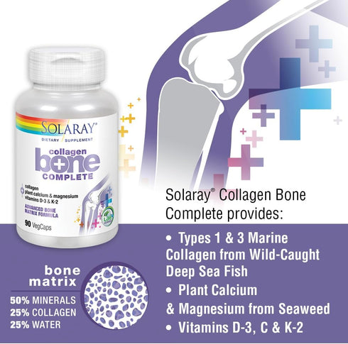SOLARAY Collagen Bone Complete, Advanced Bone Matrix Formula with Plant Calcium & Magnesium (30 Servings, 90 VegCaps)