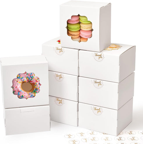 Shallive 4-Inch Small Cookie Boxes, 25 Pcs White Bakery Treat Boxes with Window for Gifting