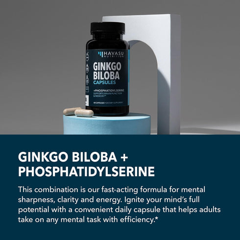 Ginkgo Biloba 120mg Nootropic Supplement, Supports Brain Health, Memory & Focus, 60 Non-GMO Capsules
