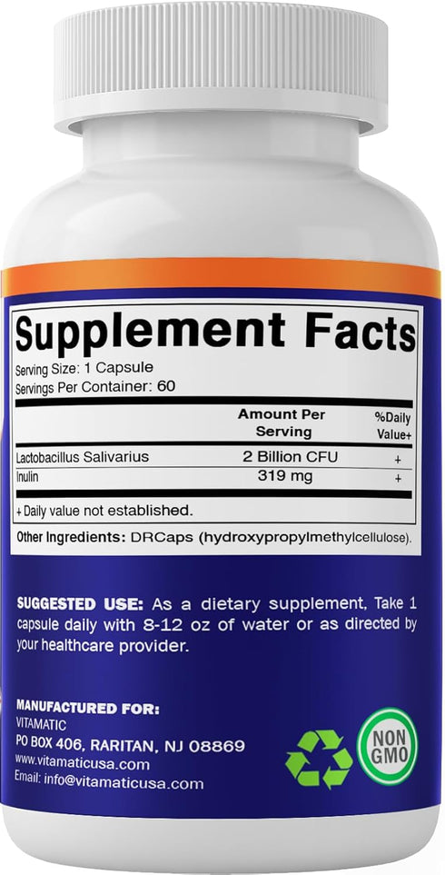 Vitamatic Lactobacillus Salivarius 2 Billion per DR Capsule, 60 Count for Digestive Support with Prebiotic Inulin