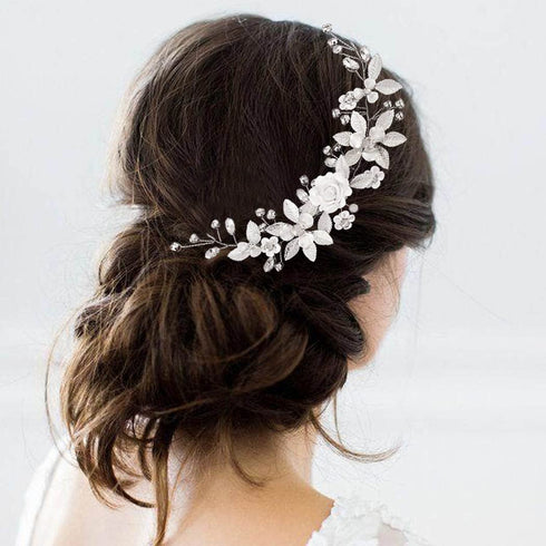 Unicra Silver Flower Bride Wedding Hair Vine Pearl Bridal Hair Piece Rhinestone Headband for Women and Girls