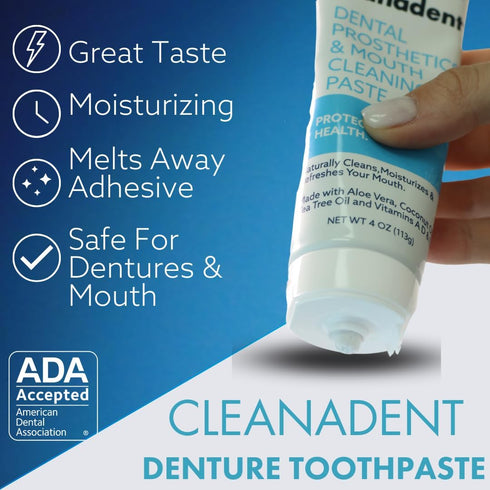Dr. B Dental Solutions Cleanadent Denture and Gum Toothpaste, 4 oz - ADA Accepted, All-Natural for Odor and Stain
