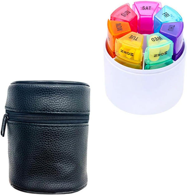 HINTRMENT 28-Grid Weekly Pill Organizer with Synthetic Leather Travel Case, Portable Round Compartment