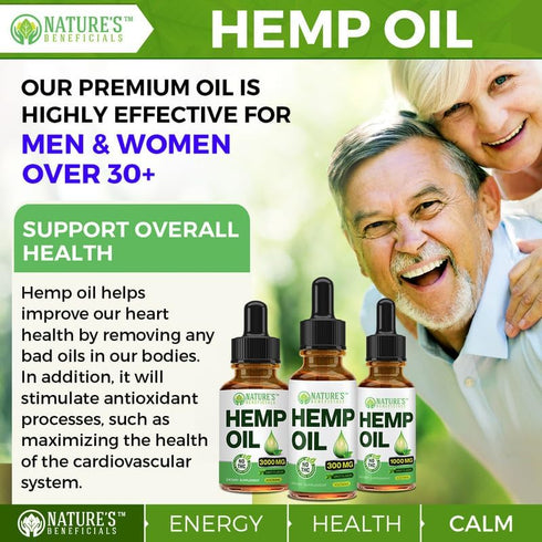 NATURE'S BENEFICIALS Organic Hemp Oil Extract Drops, 1000mg, Omega Fatty Acids 3 6 9