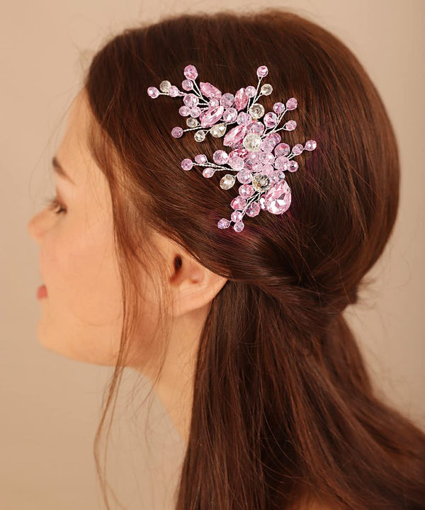 Xerling Pink Crystal Rhinestones Hair Accessories for Women, Wedding Hair Clip, Bridal Side Comb Hair Jewelry