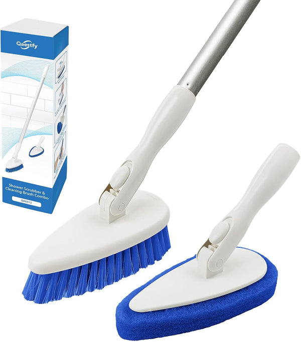 Qaestfy Shower Scrubber Cleaning Brush Combo, Adjustable Long Handle Scrub Brush for Bathroom Cleaning
