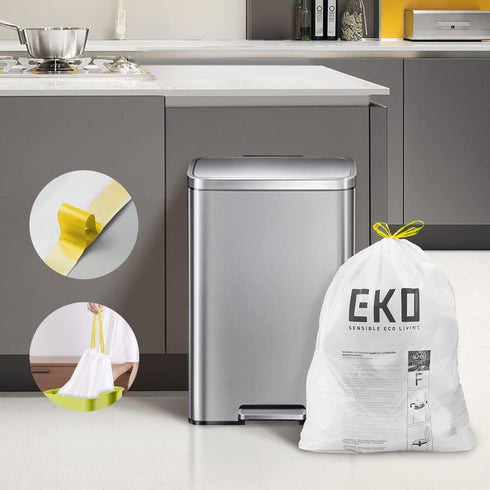 EKO Easy-Dispense Roll of 60 Count Extra-Strong Drawstring Kitchen Trash Bags, 13 Gallon Garbage Bags