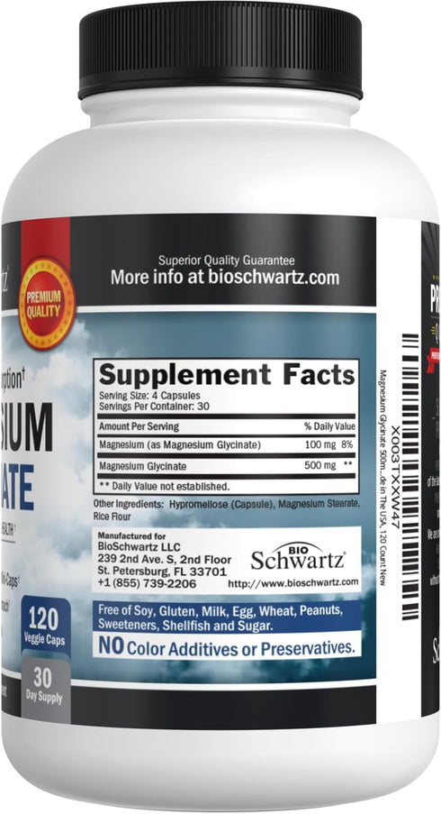 Magnesium Glycinate 500mg Capsules, 120 Mini Caps, Vegan Safe, Maximum Absorption Supplement for Nerves, Muscles