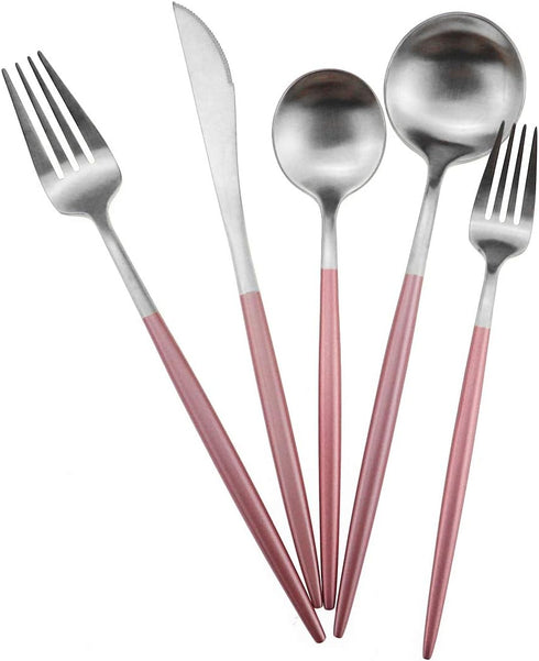 Luxury Flatware Set, 20 Piece Matte Pink Handle 18/10 Stainless Steel Tableware for 4, Camping Silverware Travel