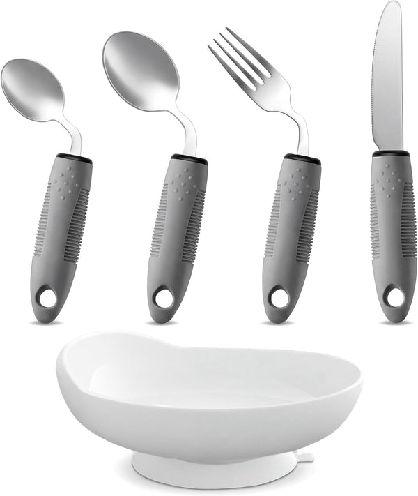 yuyingji Adaptive Utensils Set with Holder Base, Weighted Easy Grip Silverware for Elderly,