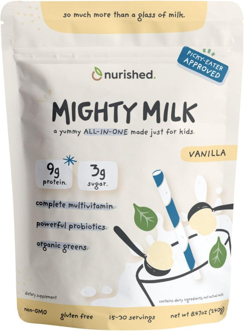 Vanilla Mighty Milk - Kids All-in-One Daily Protein Powder & Multivitamin with Probiotics - 15-30 Servings