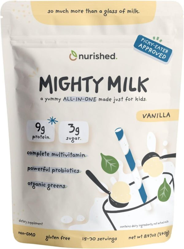 Vanilla Mighty Milk - Kids All-in-One Daily Protein Powder & Multivitamin with Probiotics - 15-30 Servings