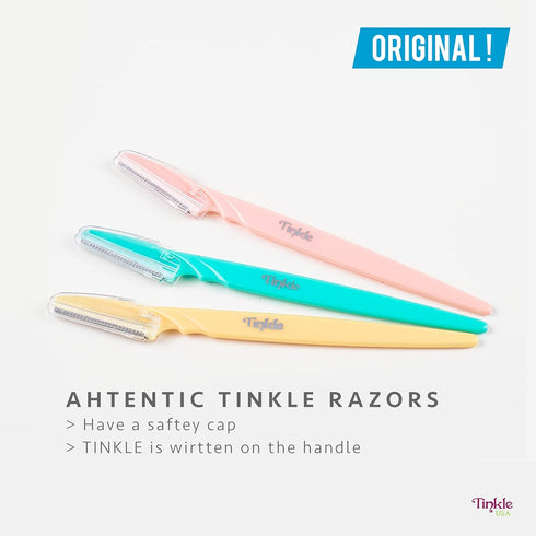 Tinkle Dermaplaning Tool, 3ct, Safe and Easy Peach Fuzz Remover, Eyebrow Trimmer with Protective Cover