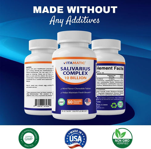 Vitamatic Salivarius Complex 10 Billion Chewable Mint Flavored Tablet, 60 Count Probiotics for Oral Health