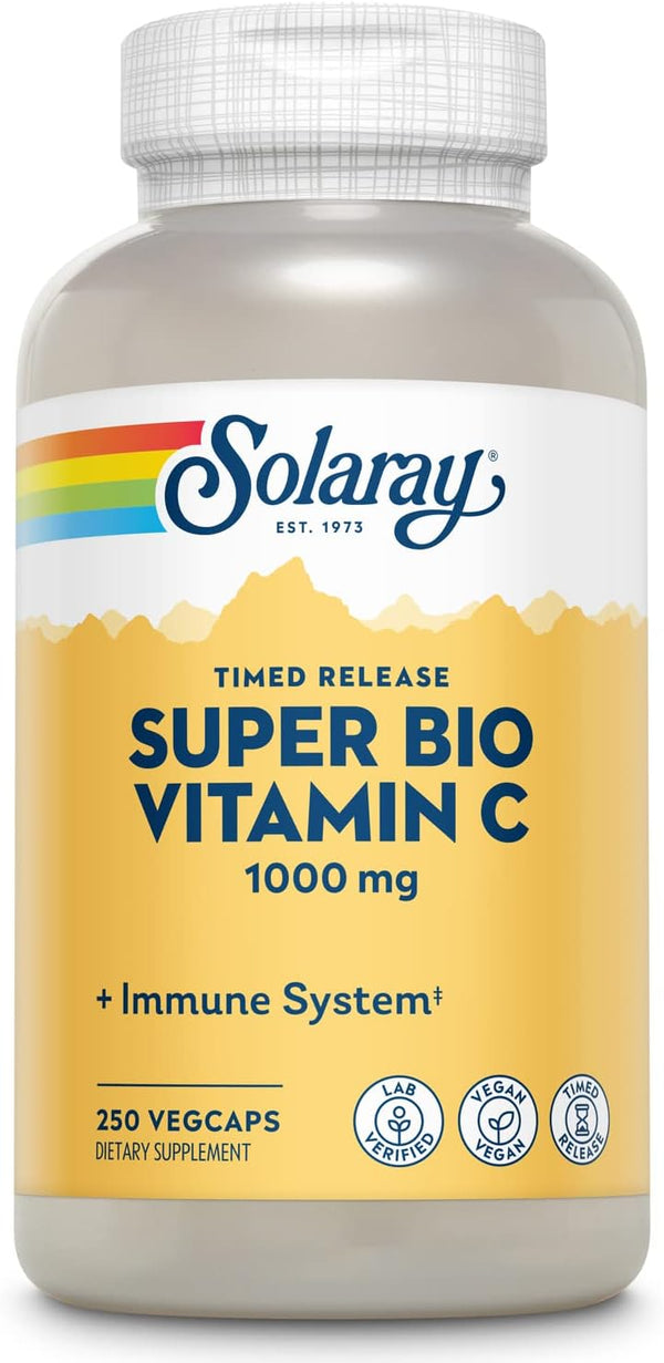 SOLARAY Super Bio Vitamin C 1000mg, Buffered, Time Release Capsules with Bioflavonoids, 250 VegCaps, 60 Day Guarantee