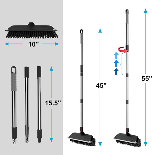 ITTAR 10" Wide Multi-Purpose Scrub Brush with Long Handle, Heavy-Duty Shower Scrubber for Deck, Patio, Kitchen, Black