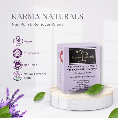 Karma Organic Natural Nail Polish Remover Wipes, 100% Soy Based, Non-Toxic, Vegan, Pack of 10