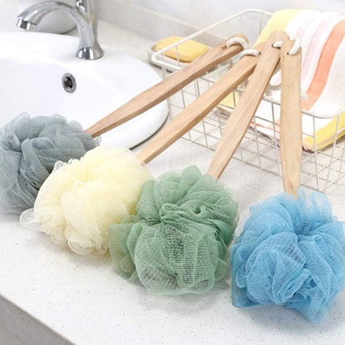Loofah Back Scrubber for Shower, Wooden Handle Bath Sponge, Soft Nylon Mesh Back Cleaner, Body Brush for Women