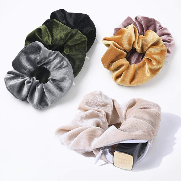 Velvet Scrunchies Hair Ties for Women - 6 Pack Big Vsco Girl Scrunchy with Zipper Pocket Gift for Friends
