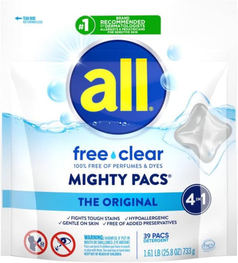 all Mighty Laundry Detergent Pacs, Free Clear for Sensitive Skin, Unscented, 39 Count