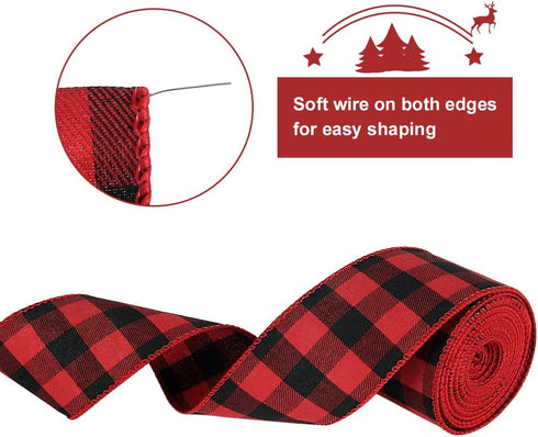 Tenn Well Buffalo Plaid Ribbon, 19.6 Yards 2.5 inch Wired Christmas Ribbon, Red and Black Plaid Ribbon for Bow Making, Gift Wrapping, Wreath Making, Christmas Tree Decoration (2 Roll x 9.8 Yards) by Tenn Well