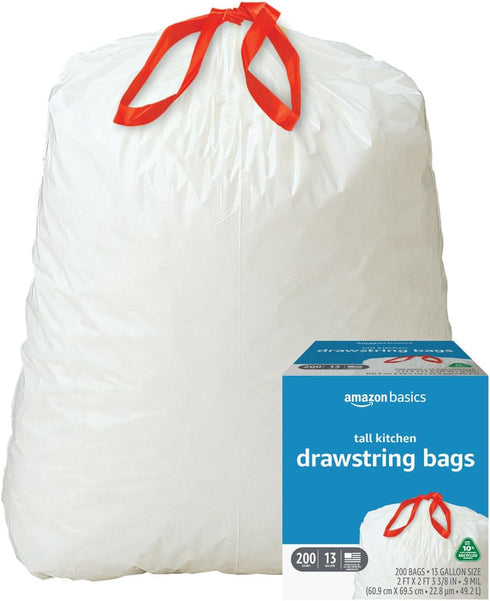 Amazon Basics - Tall Kitchen Trash Bags, 13 Gallon,10% Post Consumer Recycled Content, Unscented, 200 Count, Pack of 1
