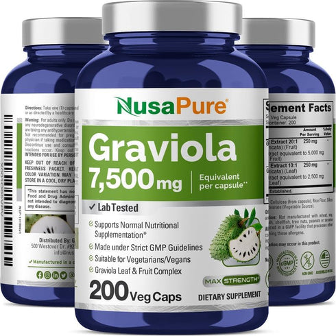 NusaPure Graviola 200 Veggie Caps, 7,500 mg Equivalent, Non-GMO Extract 20:1