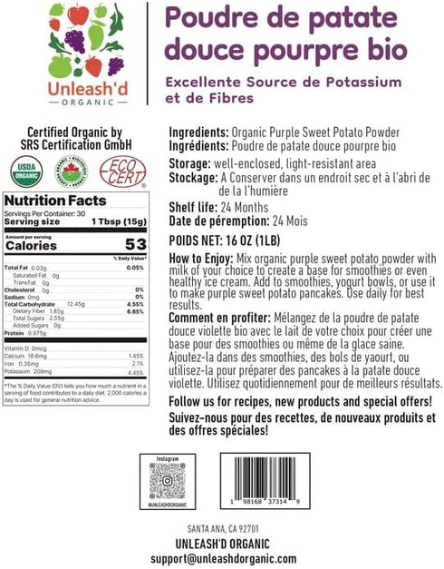 UNLEASH'D ORGANIC 16 oz 100% Organic Purple Potato Powder Pure Natural Superfood, Rich in Antioxidants & Plant