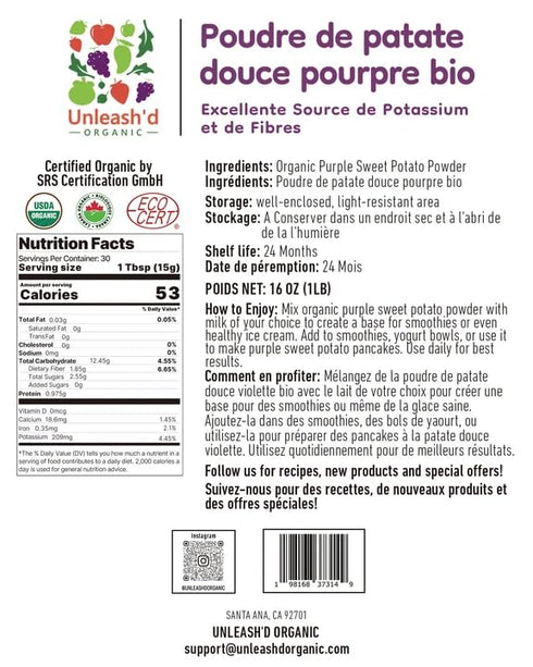 UNLEASH'D ORGANIC 16 oz 100% Immune Unleashd Organic Purple Potato Powder | Pure & Natural Superfood | Rich