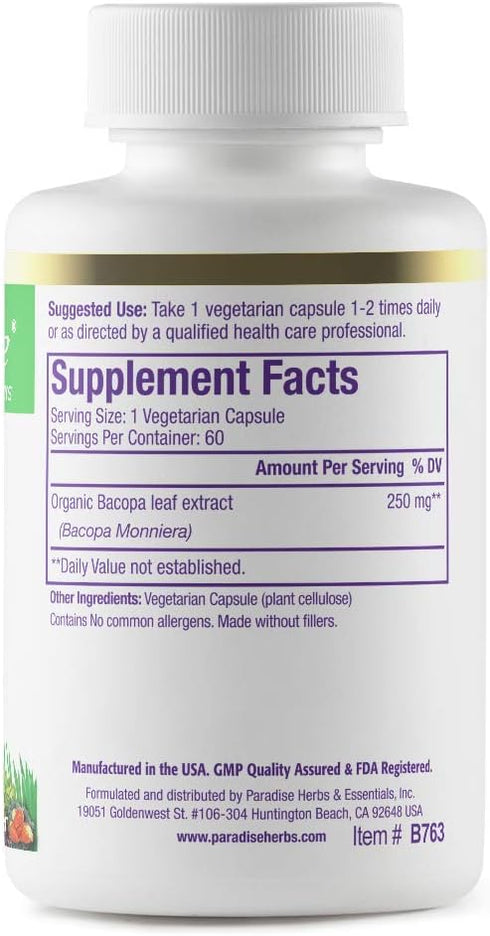 Paradise Herbs Bacopa Extract, Vegan, Non-GMO, Gluten-Free, 60 Capsules