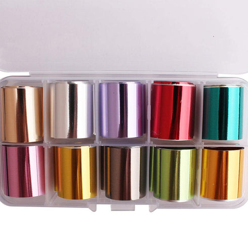 WOKOTO 10 Rolls Solid Color Nail Art Foil Stickers, Tip Mirror Design Starry Sky Adhesive Nail Transfer Decals