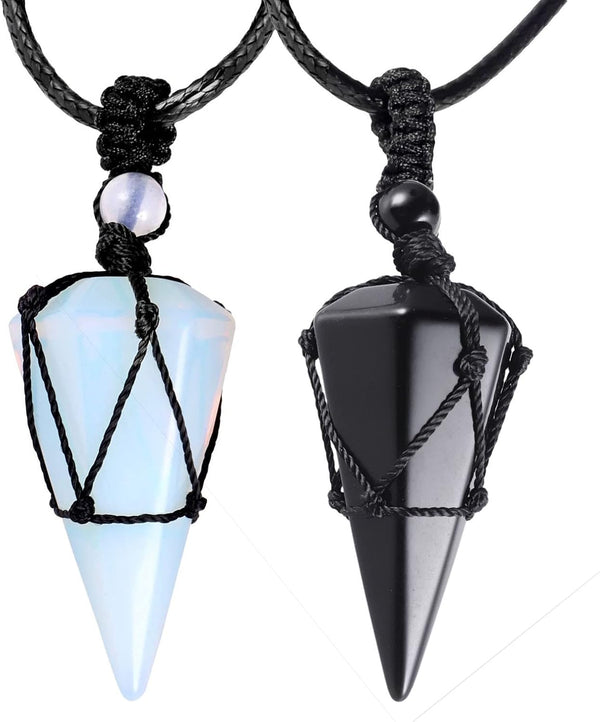 SUNYIK Pack of 2 Black Obsidian & Opalite Pendant Necklace for Couple,