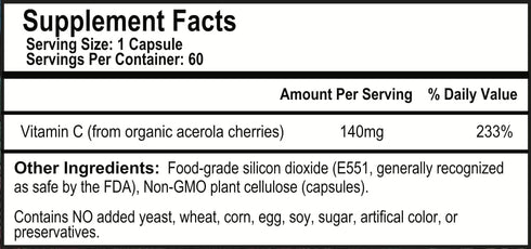 OPTIVIDA Vitamin C Plant-Based Complex: Natural Organic Acerola Cherry Extract - Vegan Supplement - Immune Support & Healthy Skin & Joints Antioxidant 60 Serv.