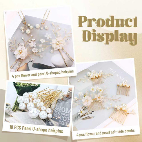 inSowni 26 Pack Gold Flower Pearl Wedding Bridal Hair Side Combs + U Shaped Hair Pins Clips for Women, Girls