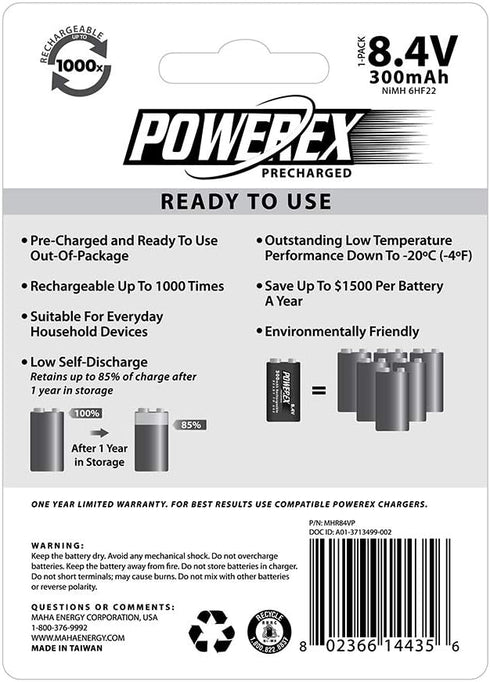 Powerex Precharged 8.4V Rechargeable Low Self Discharge NiMH Battery, MHR84VP