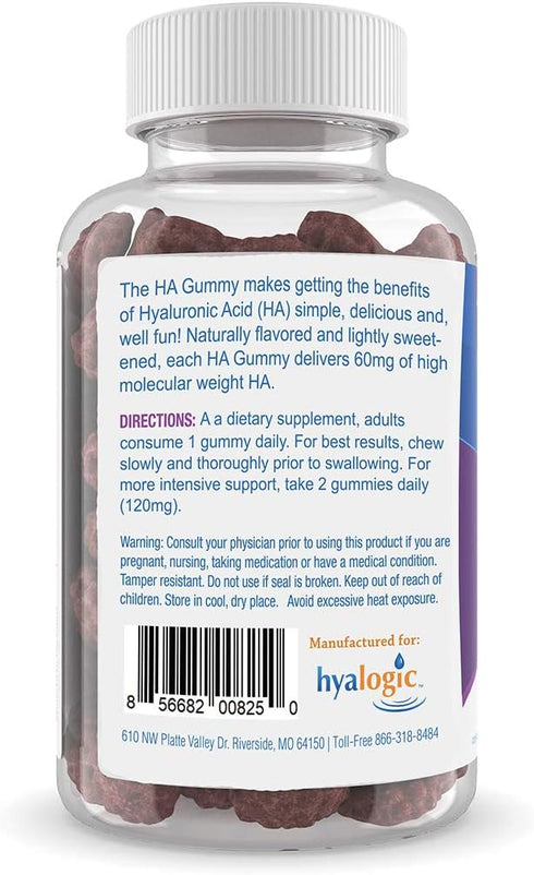 Hyalogic Hyaluronic Acid Gummies, Mixed Berry Flavor, 30 Count, Gluten-Free Gummy Vitamins for Joints, Skin & Eyes