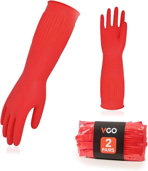 Vgo... 2-Pairs Red Dishwashing Gloves, Reusable Household Kitchen Gloves, Long Sleeve, Thick Latex