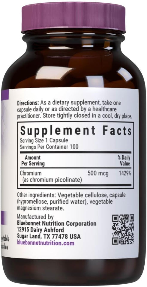 BlueBonnet Nutrition Chromium Picolinate, 500 mcg, 100 Count, Non-GMO, Vegan, Gluten & Dairy Free