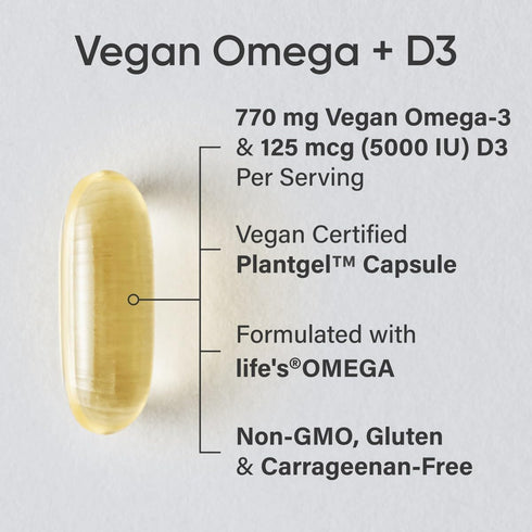 Sports Research Vegan Omega-3 with Vitamin D3 Softgels - 630mg EPA+DHA & 125mcg D3 Supplement - Fish Oil Alternative w/Vitamin D - Plant-Based Support from Algae Oil - 60 Veggie Capsules for Adults