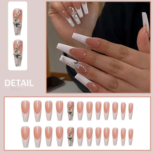 Press on Nails Coffin French Long Fake Nails, Acrylic Full Cover V False Nails for Women and Girls (Long 5)